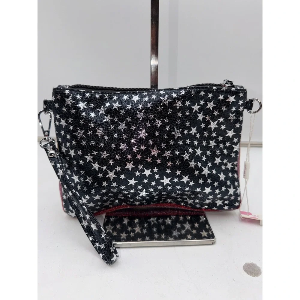 Bari Lynn Black Silver Star Wristlet Pouch Glitter Stripe Bag 11437 NWT